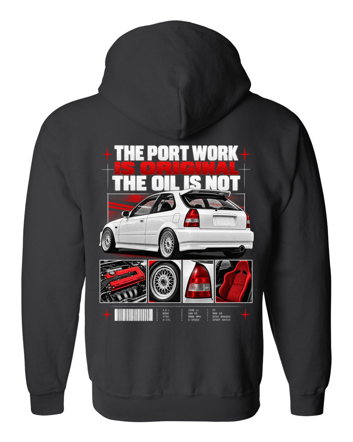 Dossier panel print of a 1998 Honda Civic EK9 chback with port work text black zip hoodie back view with the design