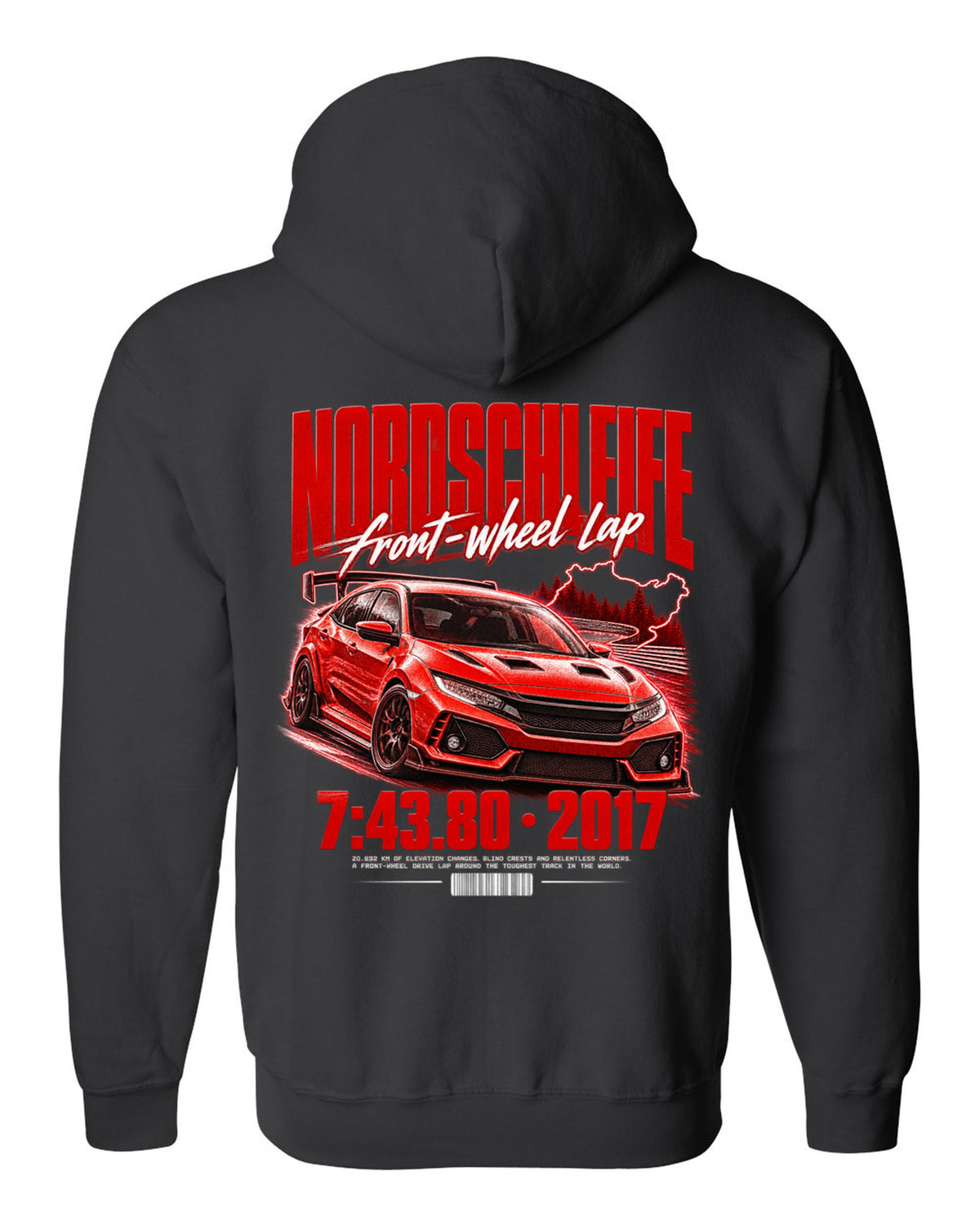 Honda Civic FK8 chback street poster with Nordschleife front-wheel lap time 7:43.80 black zip hoodie back view with the design