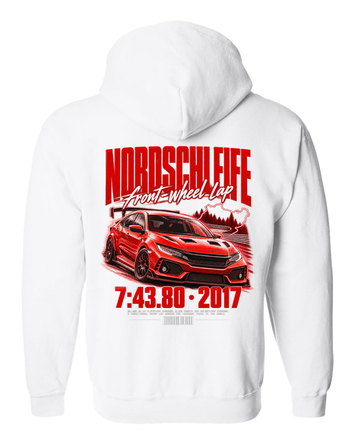 Honda Civic FK8 chback street poster with Nordschleife front-wheel lap time 7:43.80 white zip hoodie back view with the design