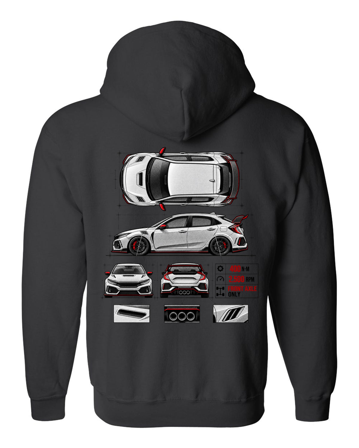 Spec poster print of a 2018 Honda Civic FK8 chback with torque figures black zip hoodie back view with the design