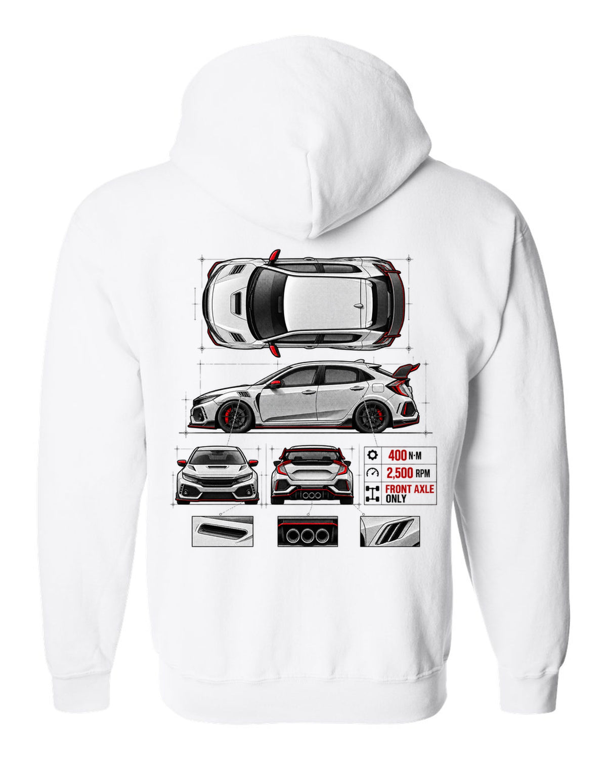 Spec poster print of a 2018 Honda Civic FK8 chback with torque figures white zip hoodie back view with the design
