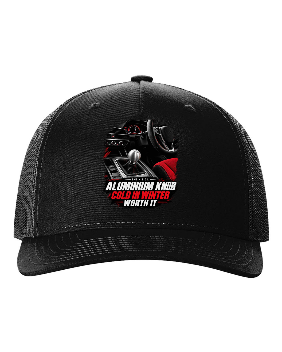 Honda Civic FL5 cockpit gauge design with aluminium shift knob text black hat front view with the design