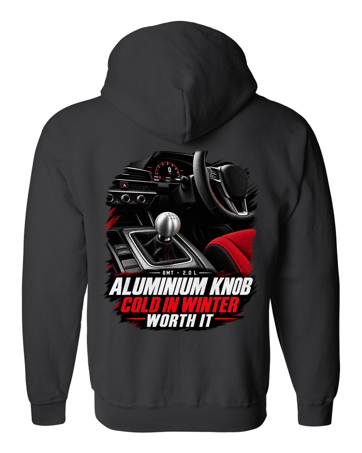 Honda Civic FL5 cockpit gauge design with aluminium shift knob text black zip hoodie back view with the design