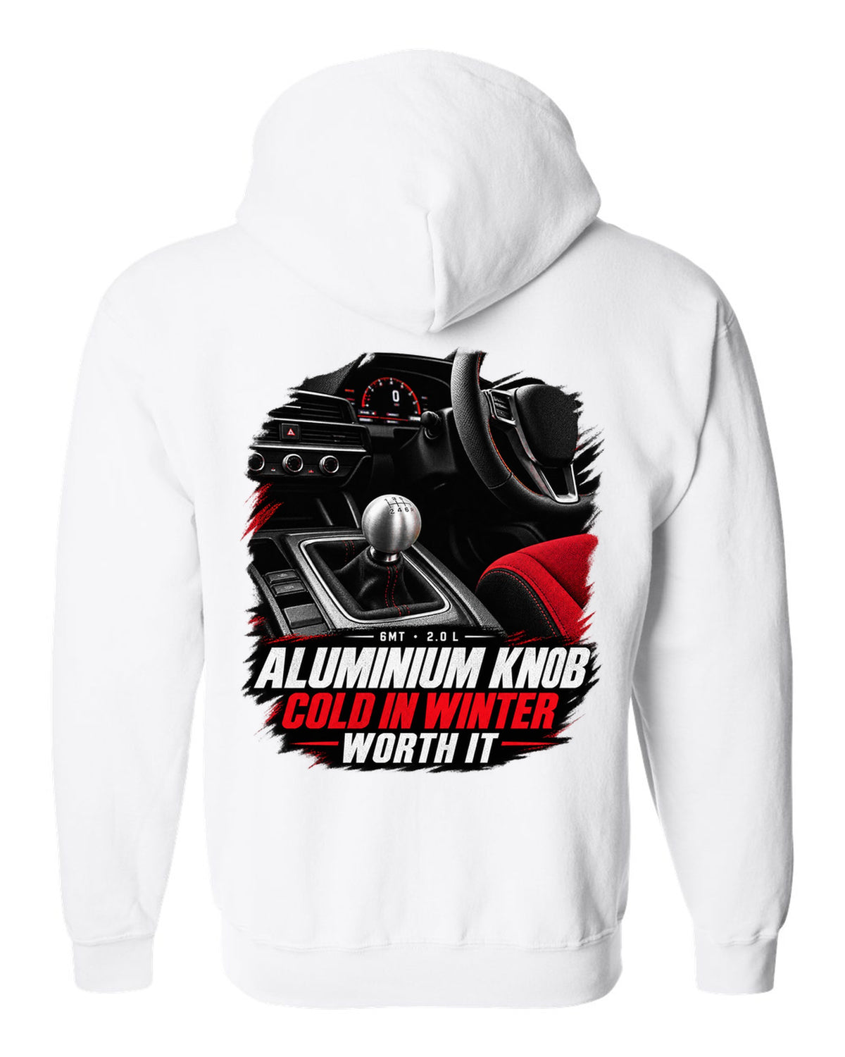 Honda Civic FL5 cockpit gauge design with aluminium shift knob text white zip hoodie back view with the design