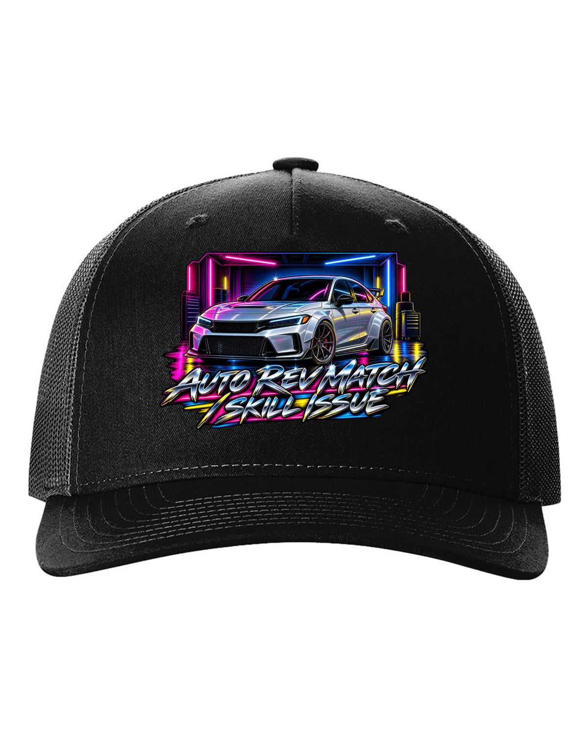 80s airbrush poster style print of a 2023 Honda Civic FL5 ch with auto rev match text black hat front view with the design