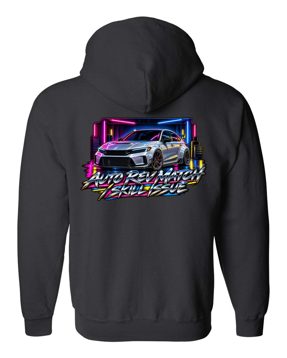 80s airbrush poster style print of a 2023 Honda Civic FL5 ch with auto rev match text black zip hoodie back view with the design