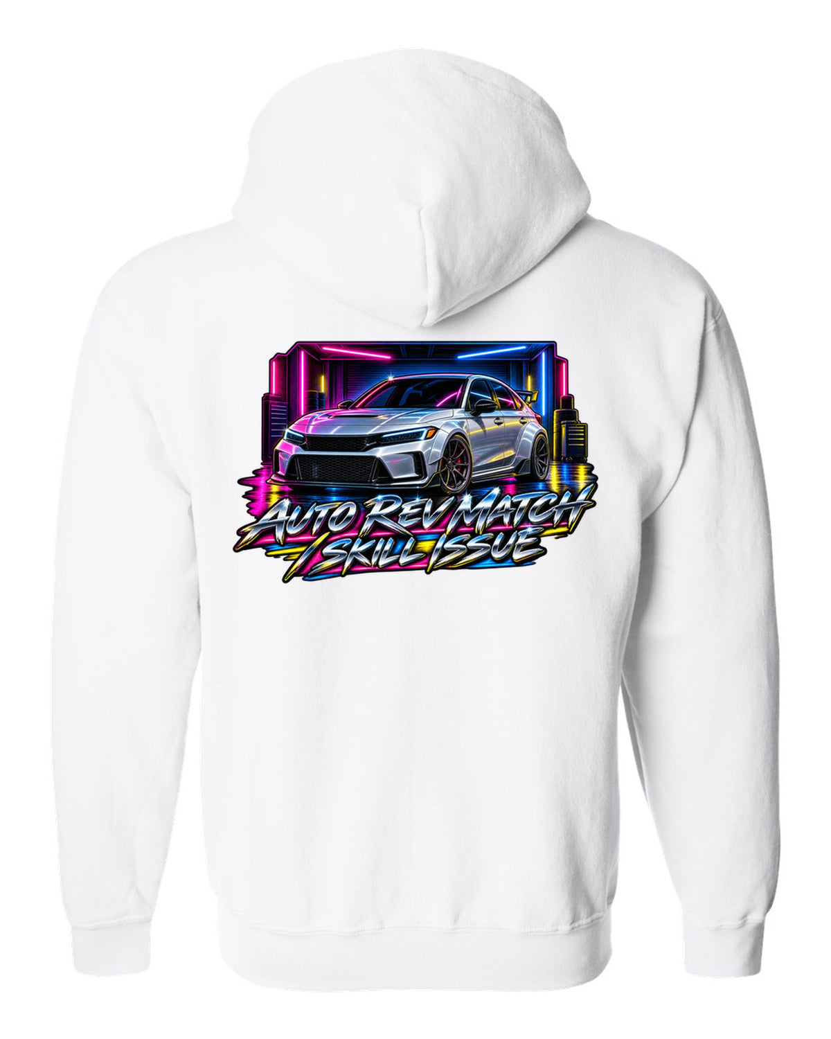 80s airbrush poster style print of a 2023 Honda Civic FL5 ch with auto rev match text white zip hoodie back view with the design