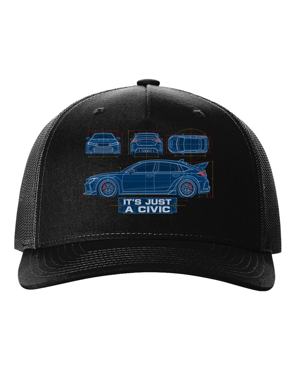 Cyanotype blueprint print of a 2023 Honda Civic FL5 ch with it's just a Civic text black hat front view with the design