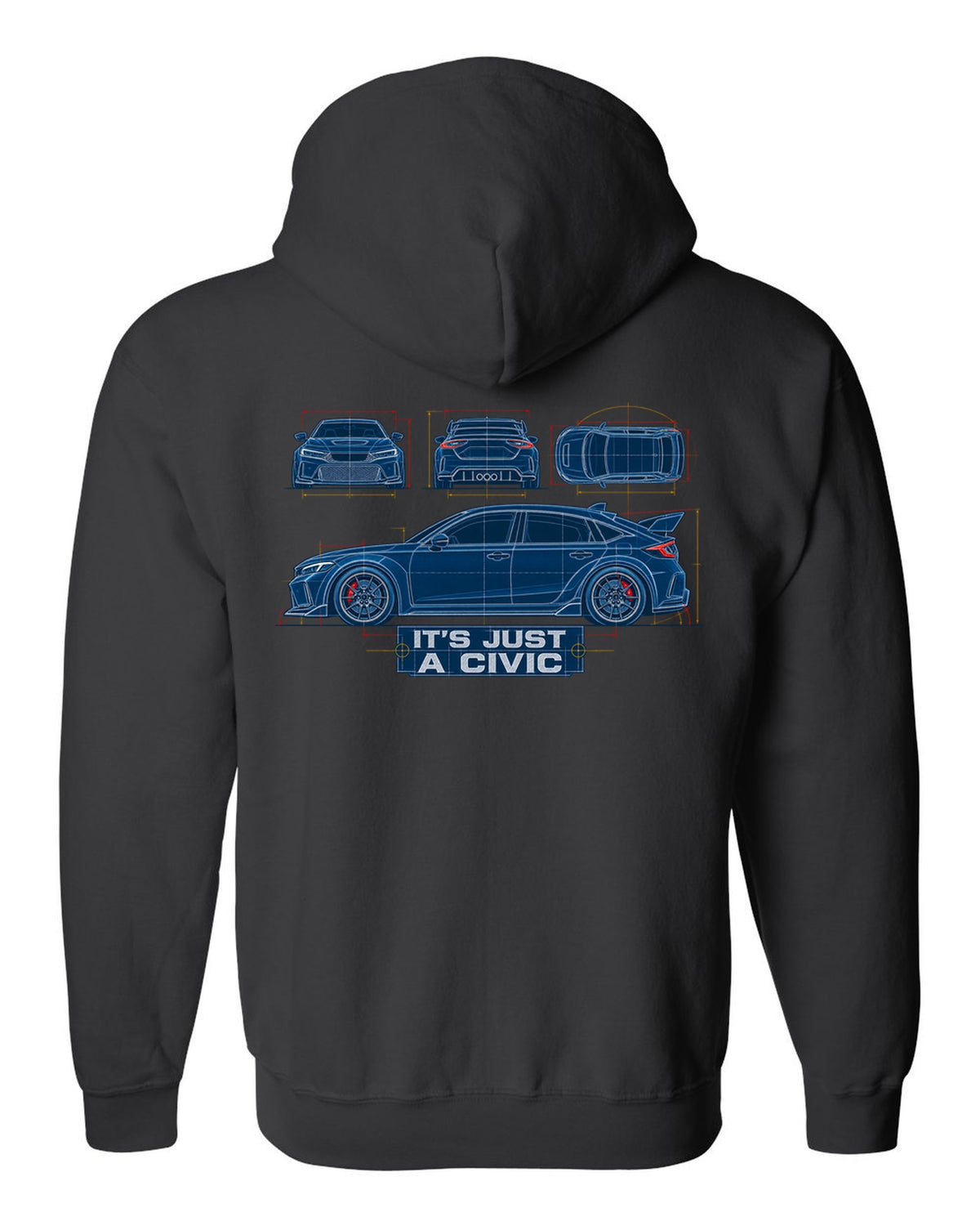 Cyanotype blueprint print of a 2023 Honda Civic FL5 ch with it's just a Civic text black zip hoodie back view with the design