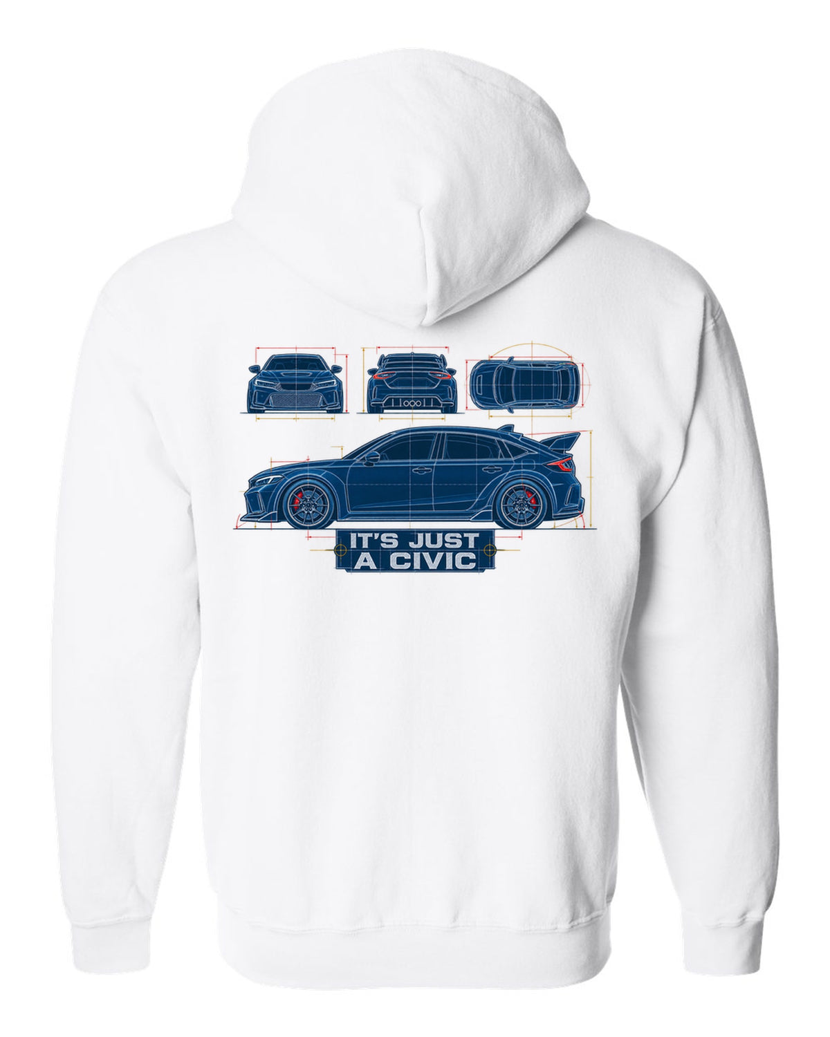 Cyanotype blueprint print of a 2023 Honda Civic FL5 ch with it's just a Civic text white zip hoodie back view with the design