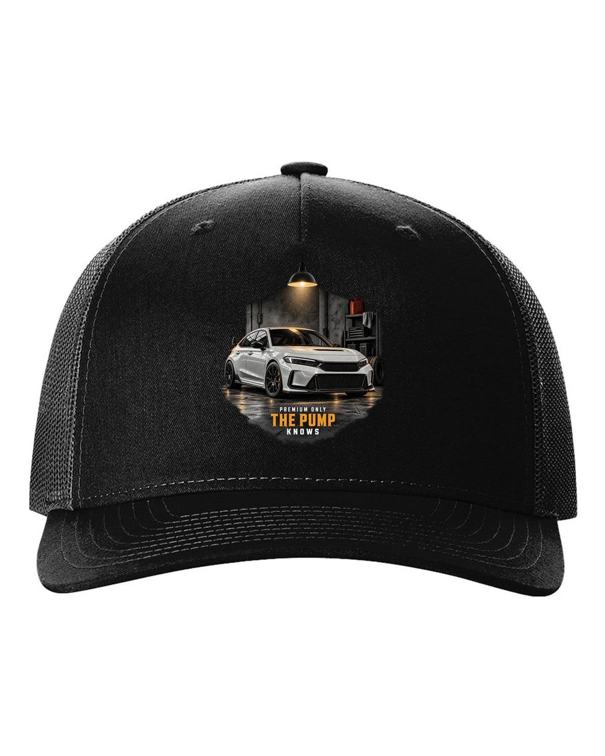 Honda Civic FL5 chback garage night design with premium only 98 octane text black hat front view with the design
