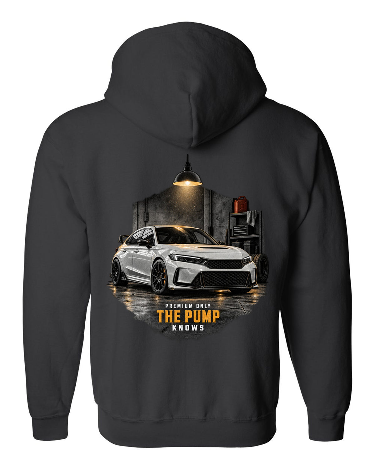 Honda Civic FL5 chback garage night design with premium only 98 octane text black zip hoodie back view with the design