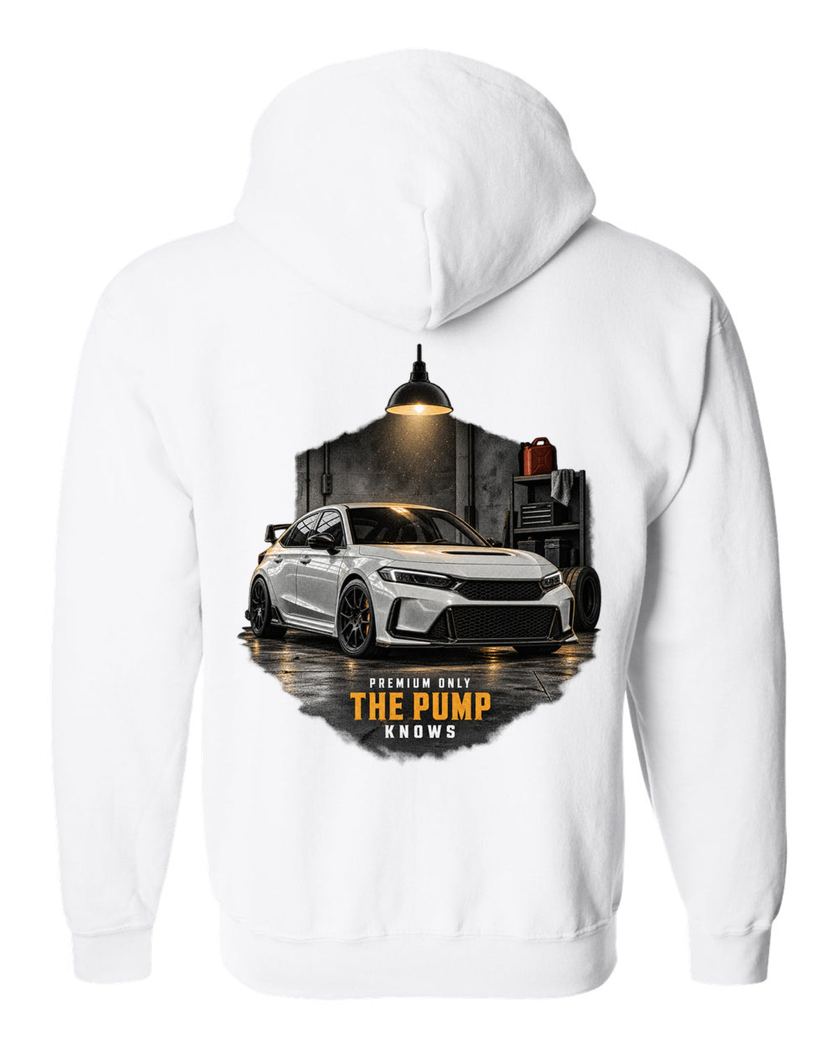 Honda Civic FL5 chback garage night design with premium only 98 octane text white zip hoodie back view with the design