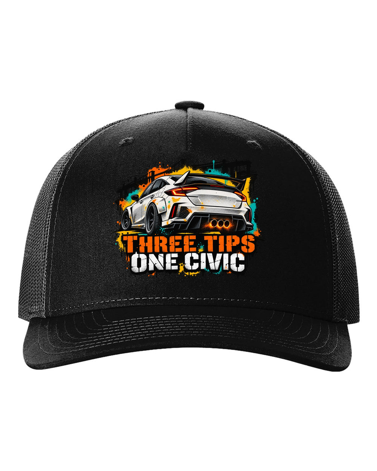 Stencil spray street art print of a 2023 Honda Civic FL5 ch with three tips one Civic text black hat front view with the design