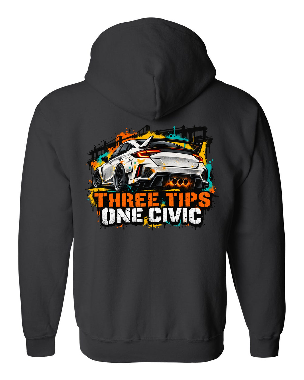 Stencil spray street art print of a 2023 Honda Civic FL5 ch with three tips one Civic text black zip hoodie back view with the design