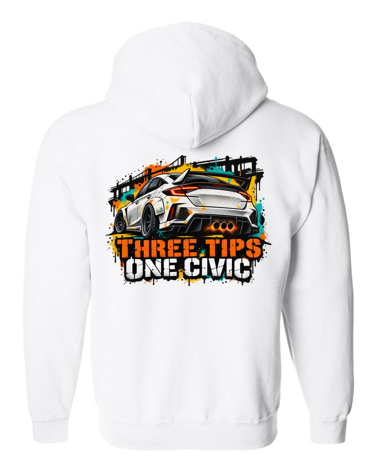 Stencil spray street art print of a 2023 Honda Civic FL5 ch with three tips one Civic text white zip hoodie back view with the design
