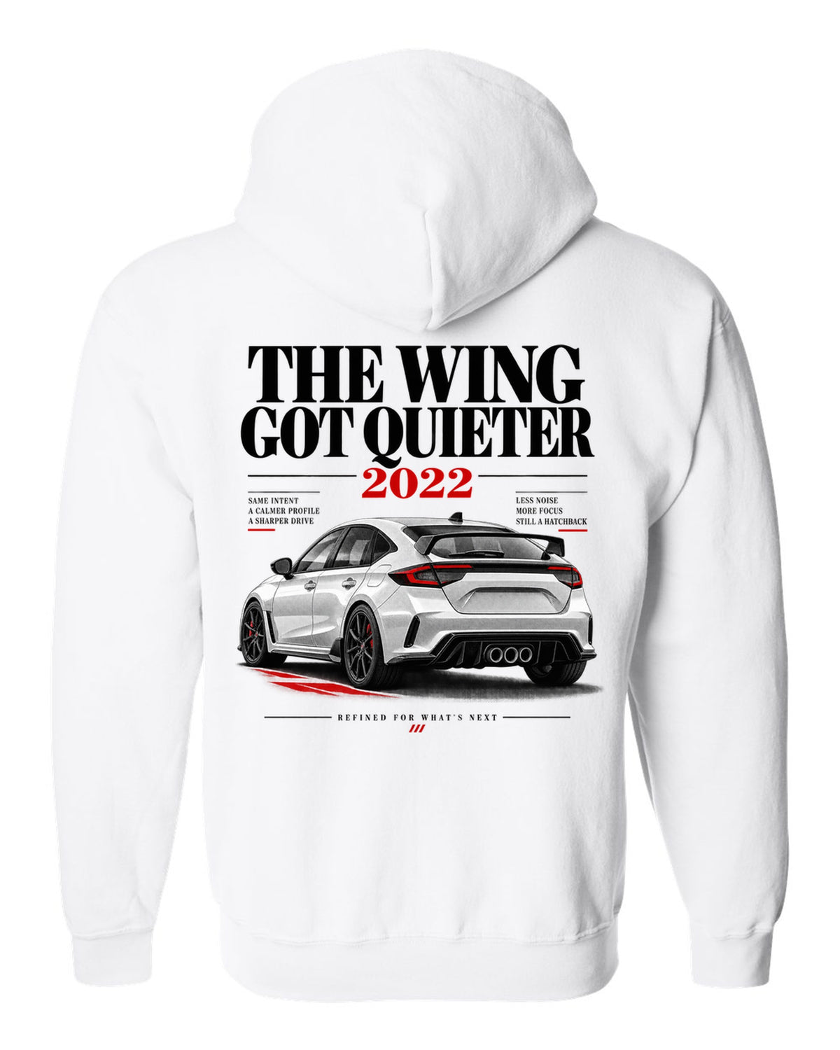 Honda Civic FL5 chback editorial headline design about the quieter rear wing white zip hoodie back view with the design