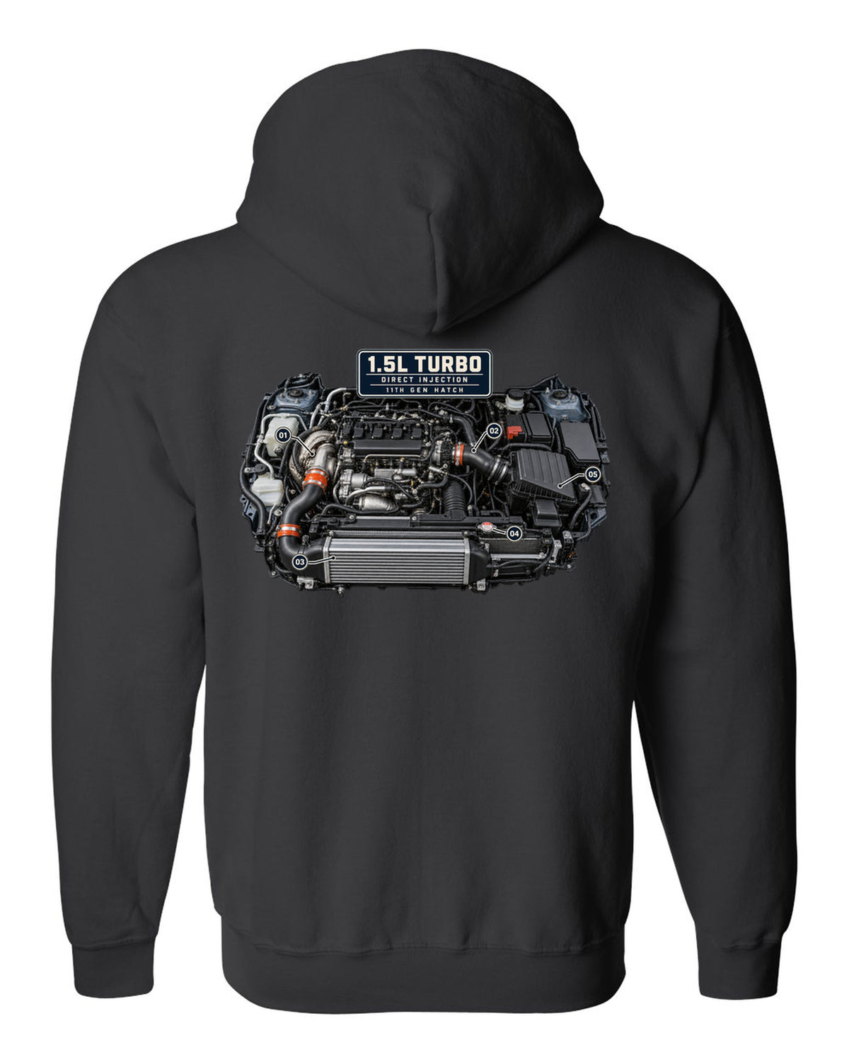 Honda Civic chback FL1 1.5L turbo engine bay print black zip hoodie back view with the design
