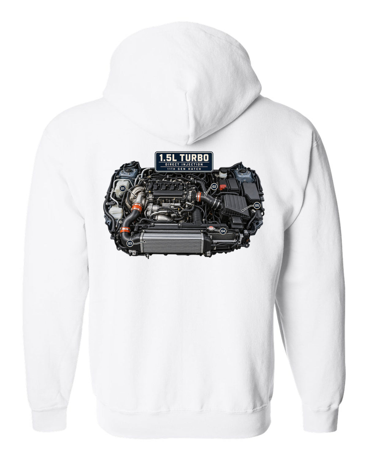 Honda Civic chback FL1 1.5L turbo engine bay print white zip hoodie back view with the design