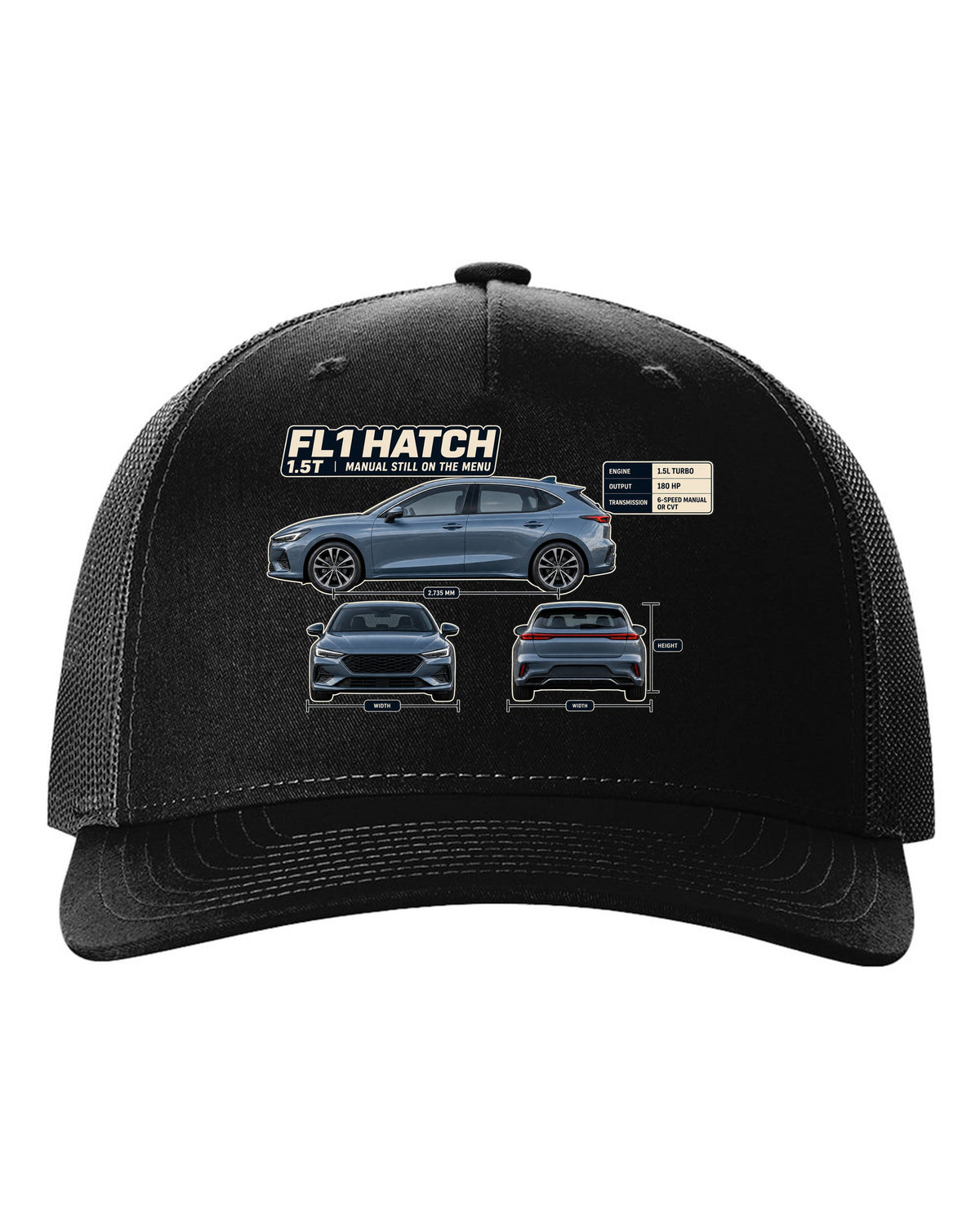 Honda Civic chback FL1 three-view spec table print black hat front view with the design