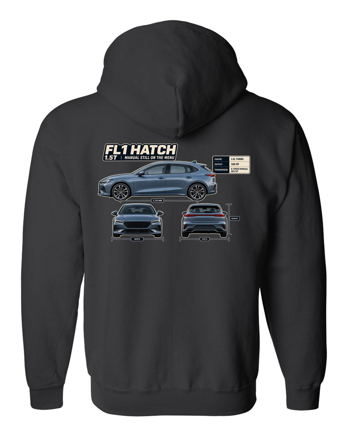 Honda Civic chback FL1 three-view spec table print black zip hoodie back view with the design