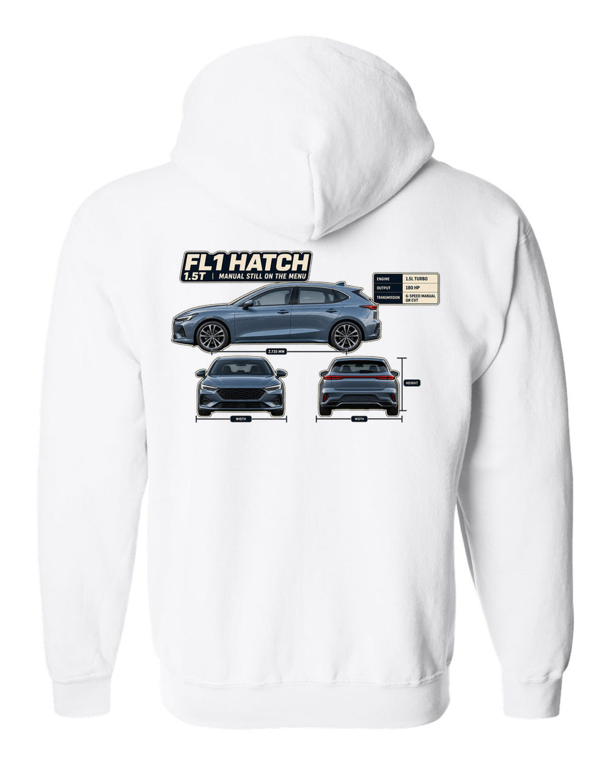 Honda Civic chback FL1 three-view spec table print white zip hoodie back view with the design