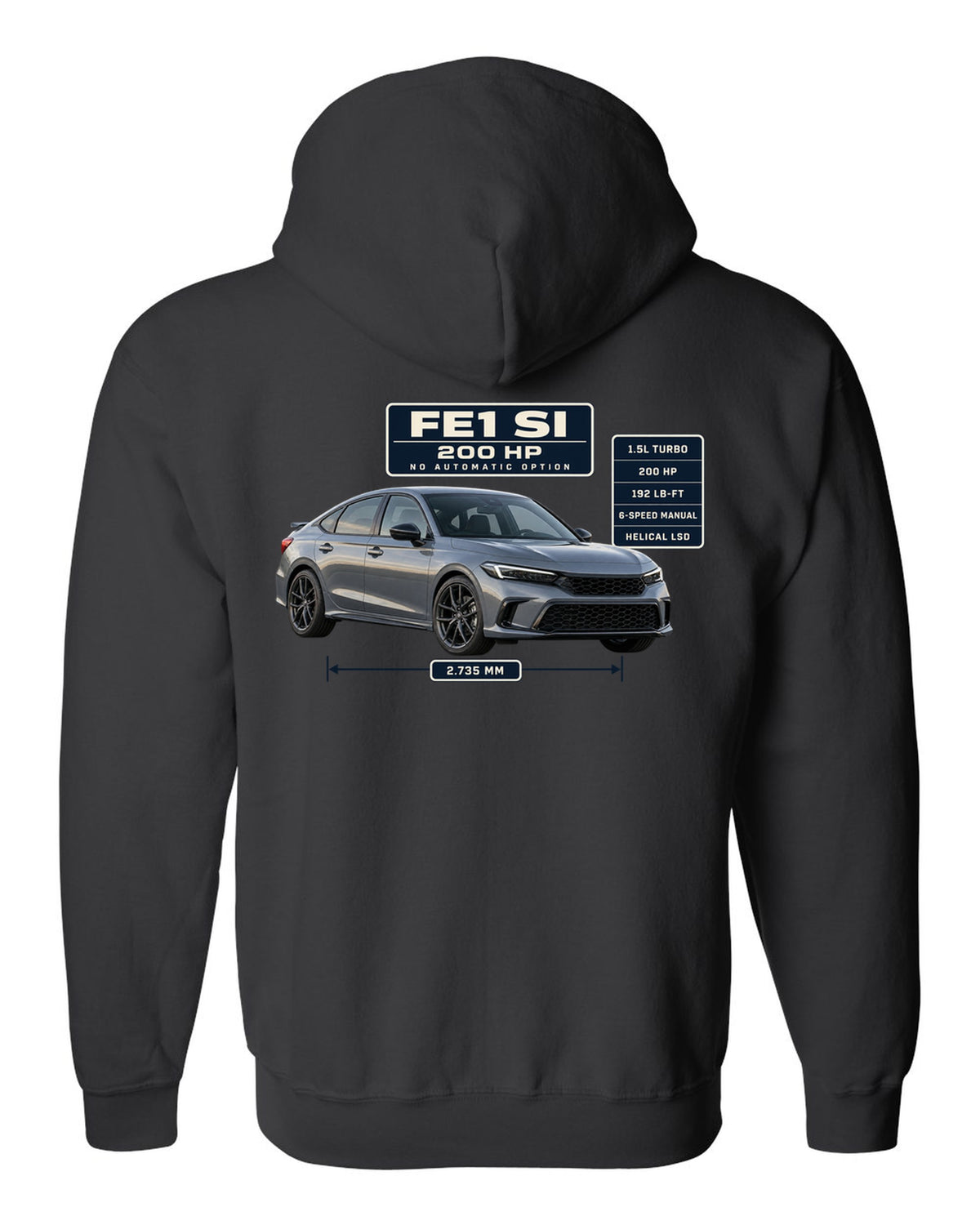 Honda Civic Si FE1 sedan front three-quarter spec poster print black zip hoodie back view with the design