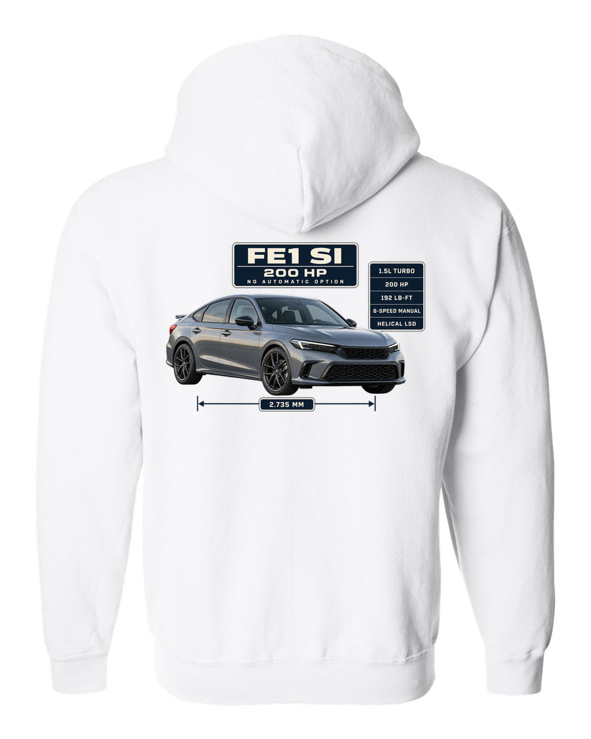 Honda Civic Si FE1 sedan front three-quarter spec poster print white zip hoodie back view with the design