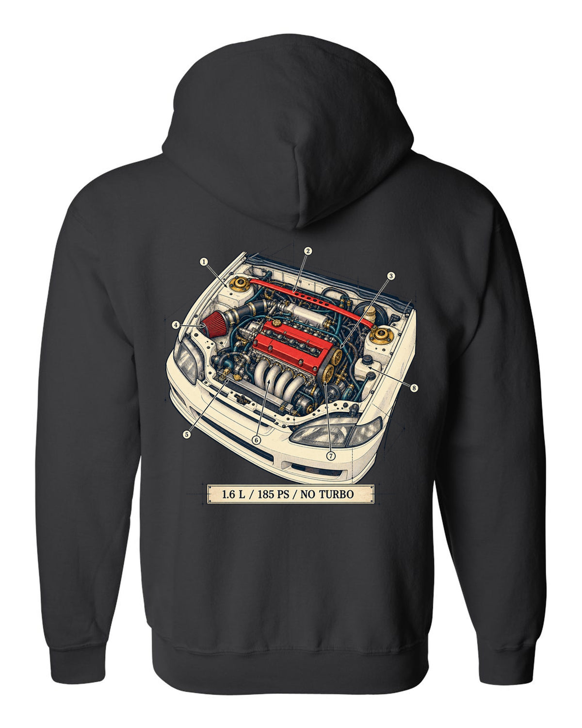 Patent drawing line art of the Honda Civic Type R EK9 with B16B spec text black zip hoodie back view with the design