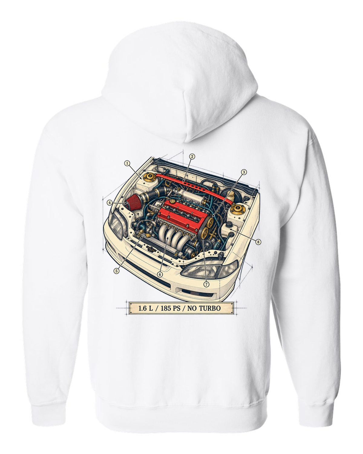Patent drawing line art of the Honda Civic Type R EK9 with B16B spec text white zip hoodie back view with the design