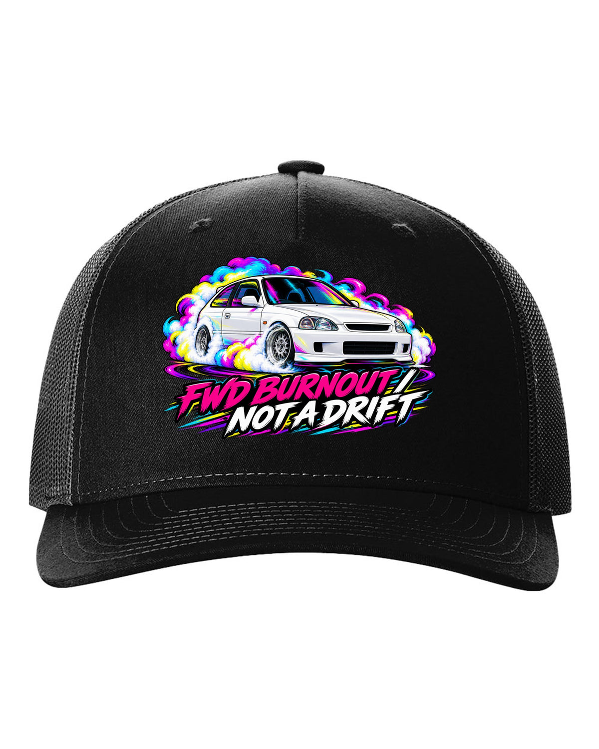 Neon pop style print of a Honda Civic Type R EK9 doing a FWD burnout with not a drift text black hat front view with the design