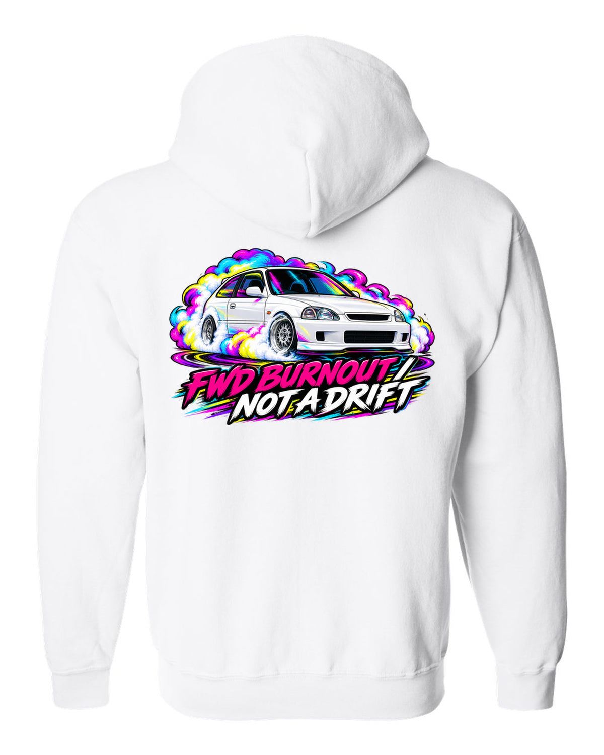 Neon pop style print of a Honda Civic Type R EK9 doing a FWD burnout with not a drift text white zip hoodie back view with the design