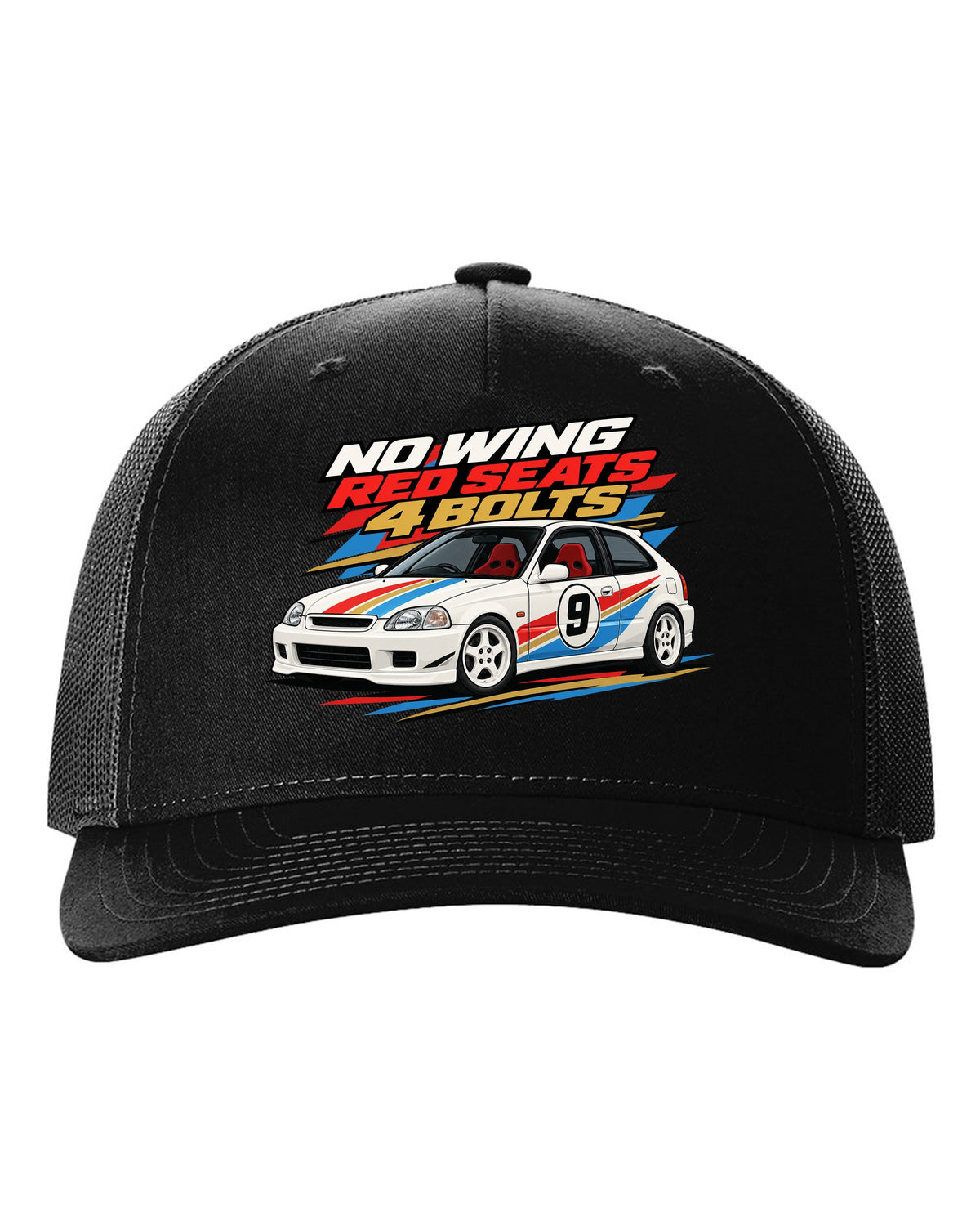 Retro racing livery print of a Honda Civic Type R EK9 with no wing red seats 4 bolts text black hat front view with the design