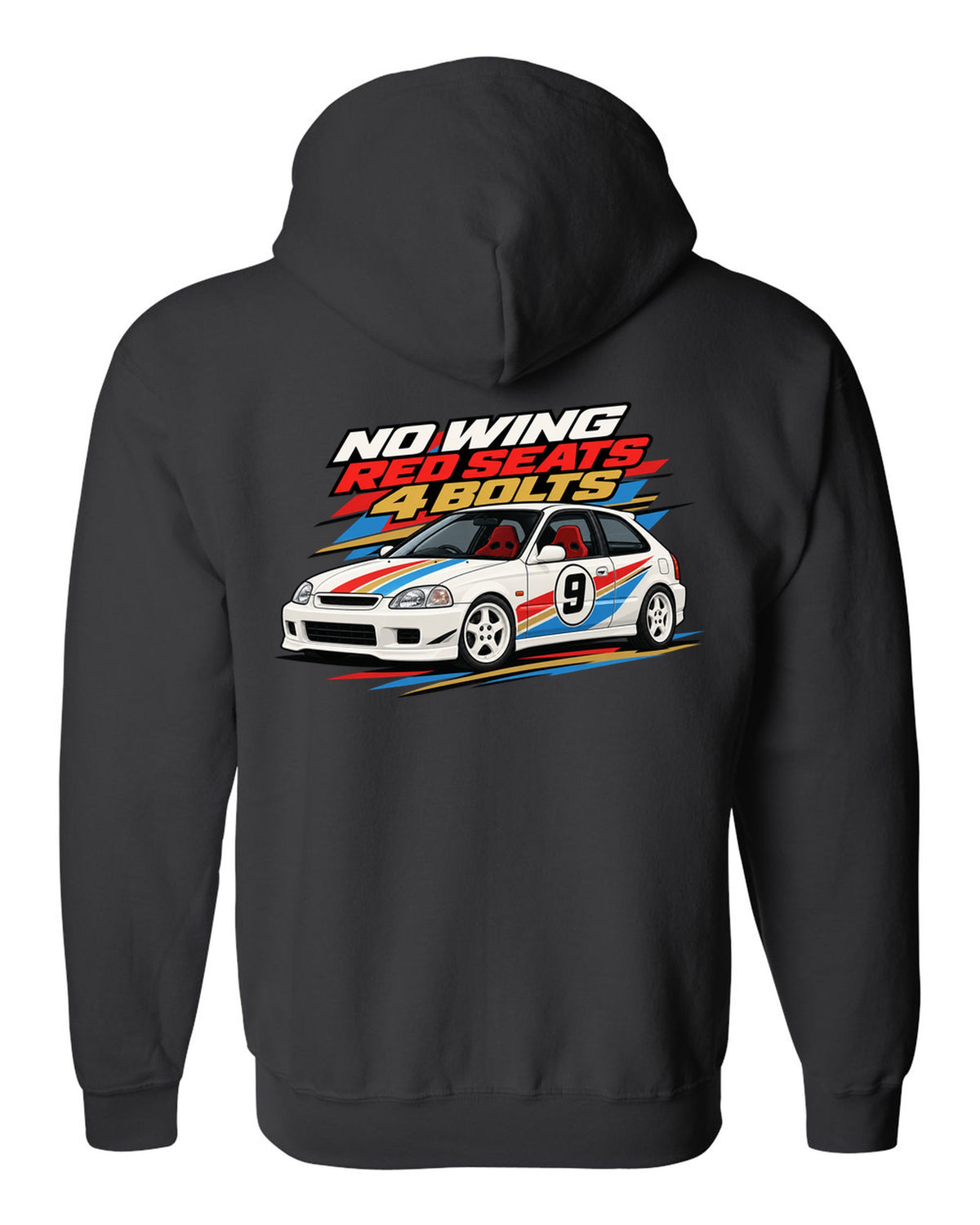 Retro racing livery print of a Honda Civic Type R EK9 with no wing red seats 4 bolts text black zip hoodie back view with the design