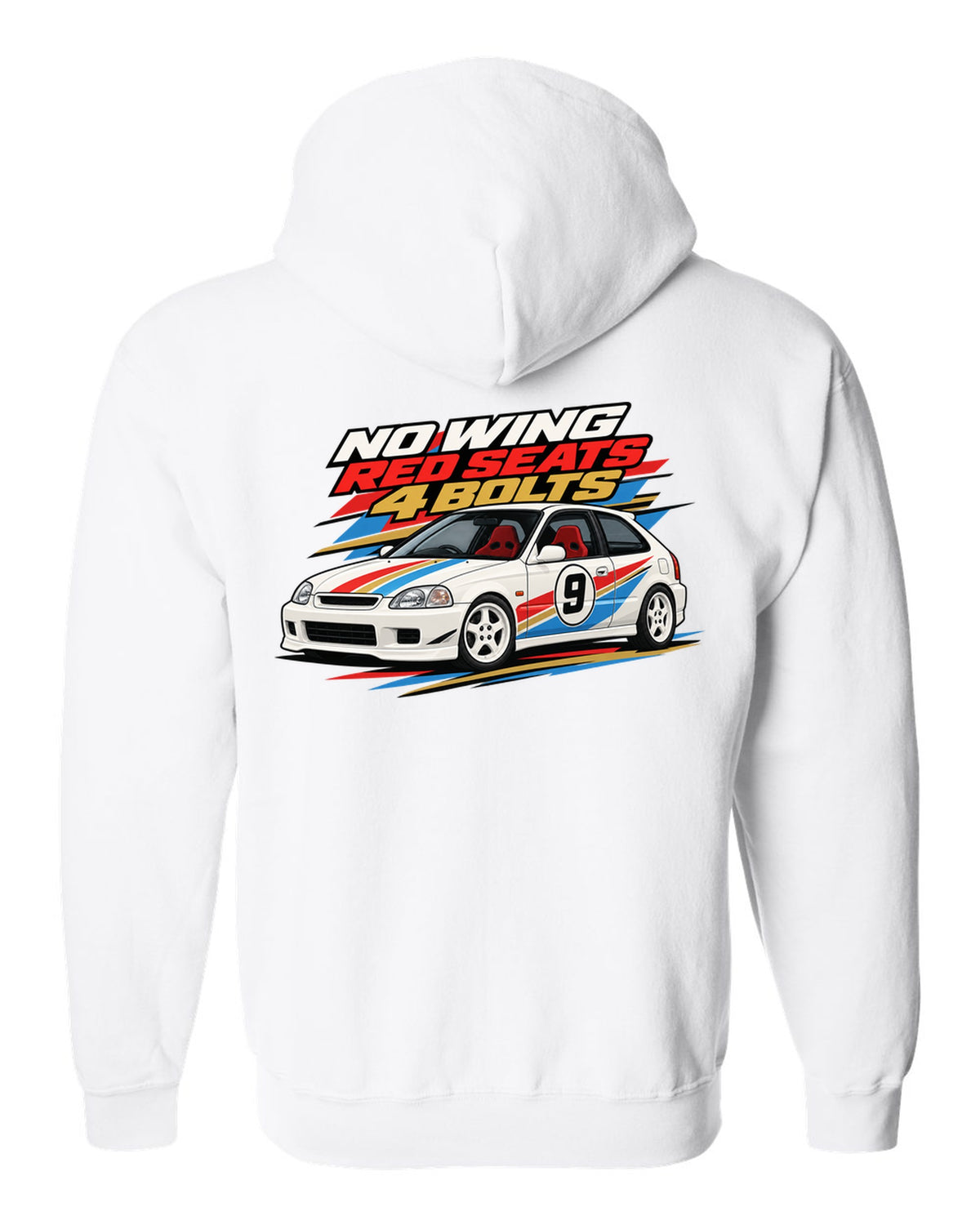 Retro racing livery print of a Honda Civic Type R EK9 with no wing red seats 4 bolts text white zip hoodie back view with the design
