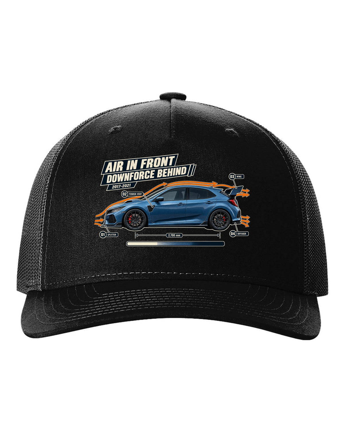 print aero callout drawing of a Boost Blue Honda Civic Type R FK8 black hat front view with the design