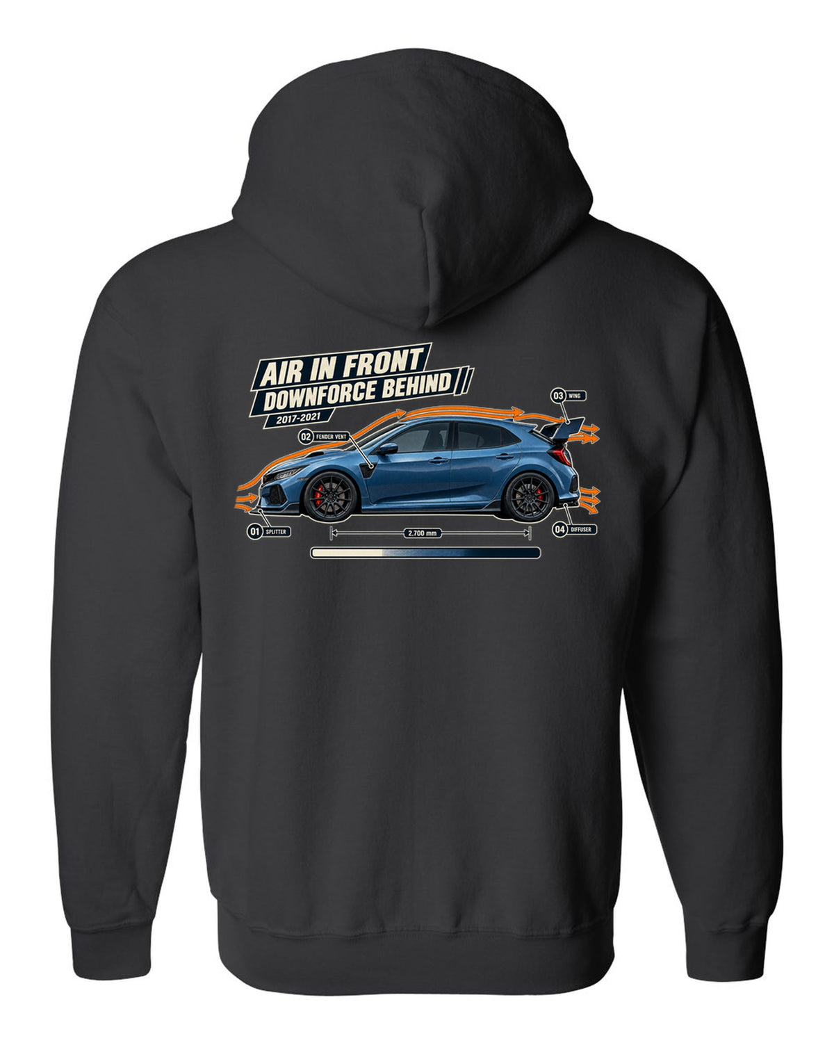 print aero callout drawing of a Boost Blue Honda Civic Type R FK8 black zip hoodie back view with the design