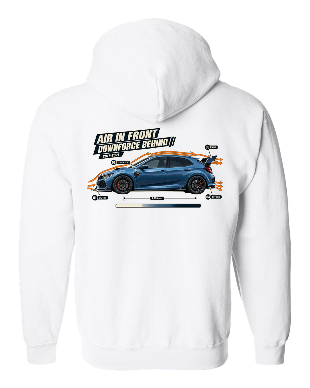 print aero callout drawing of a Boost Blue Honda Civic Type R FK8 white zip hoodie back view with the design