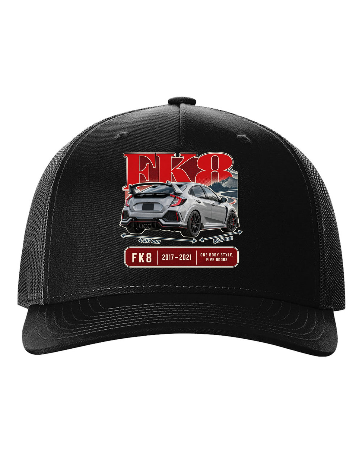 print archive panel of a silver-grey Honda Civic Type R FK8 black hat front view with the design