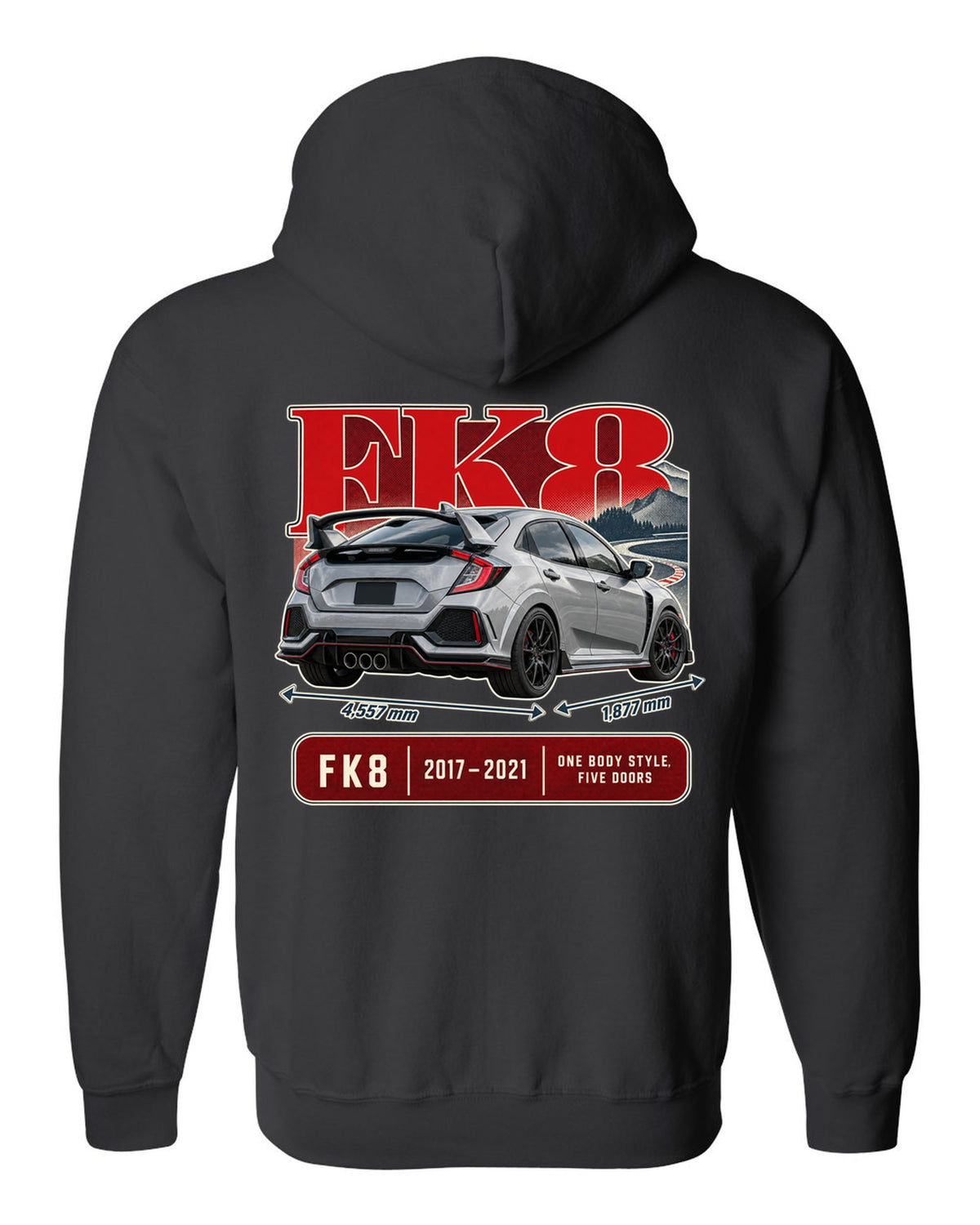print archive panel of a silver-grey Honda Civic Type R FK8 black zip hoodie back view with the design