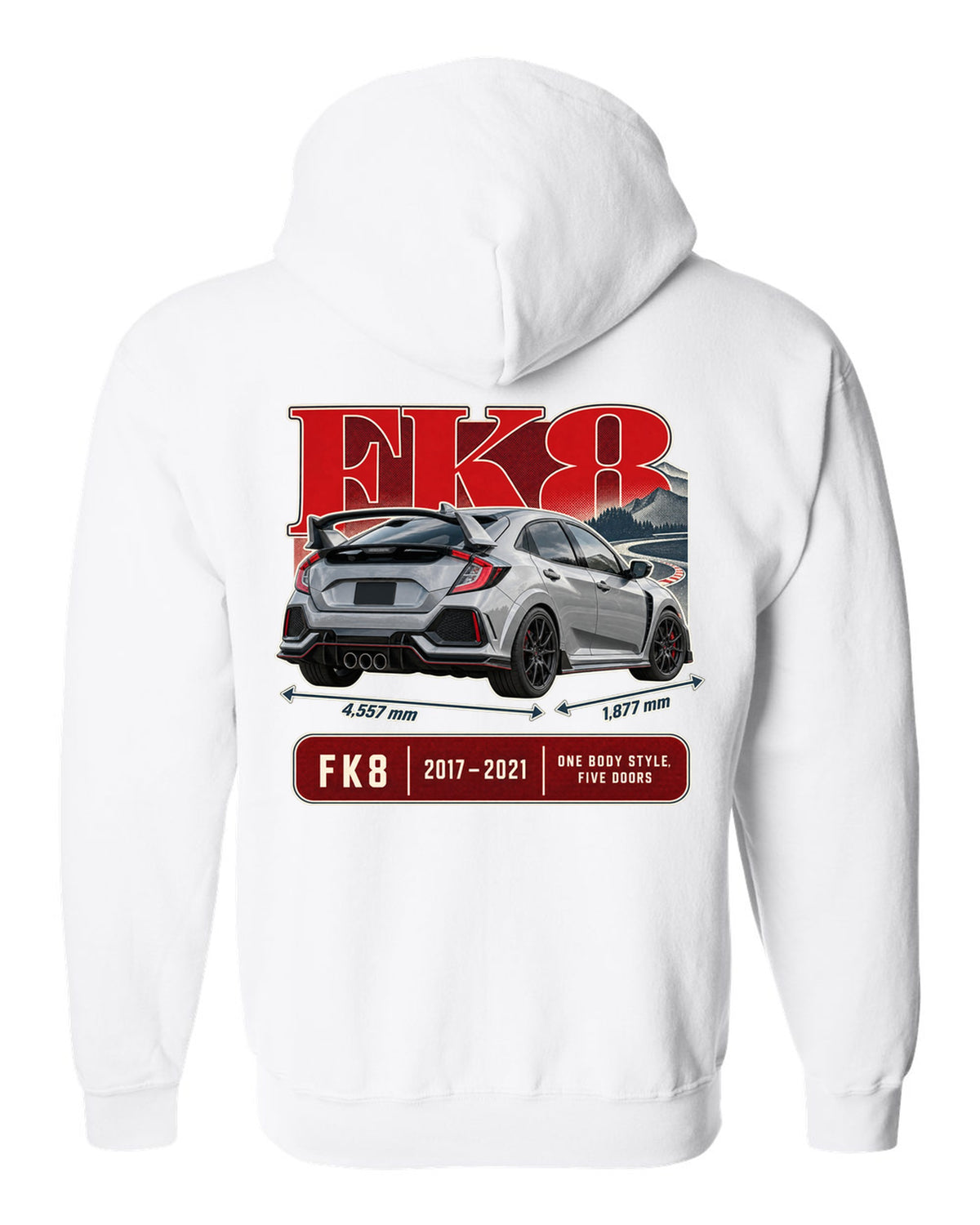 print archive panel of a silver-grey Honda Civic Type R FK8 white zip hoodie back view with the design