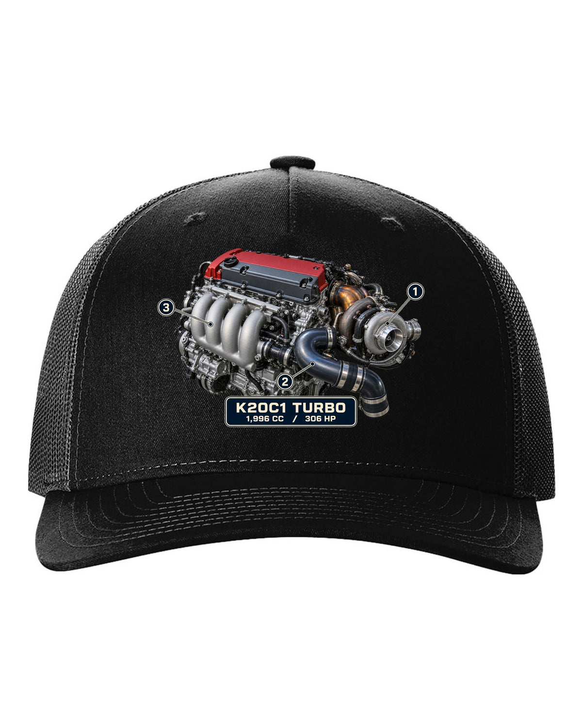 print engine illustration of the Honda Civic Type R FK8 K20C1 turbo engine black hat front view with the design