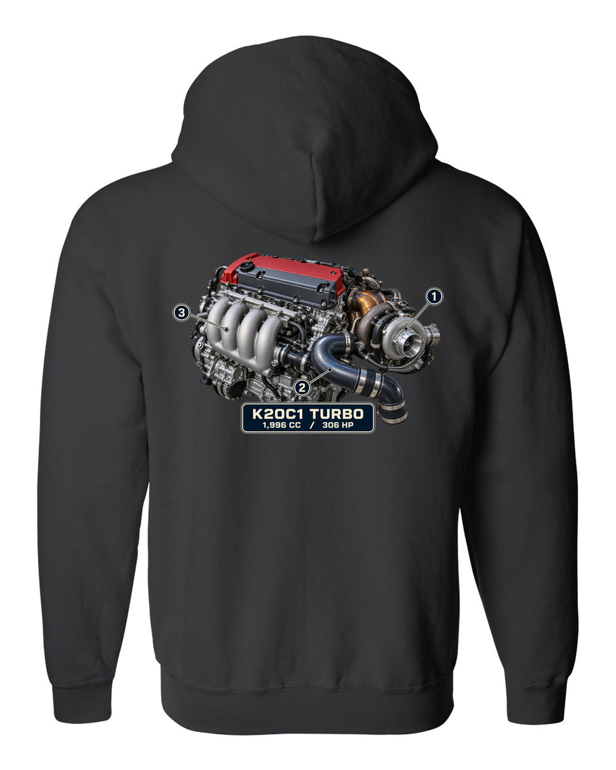 print engine illustration of the Honda Civic Type R FK8 K20C1 turbo engine black zip hoodie back view with the design