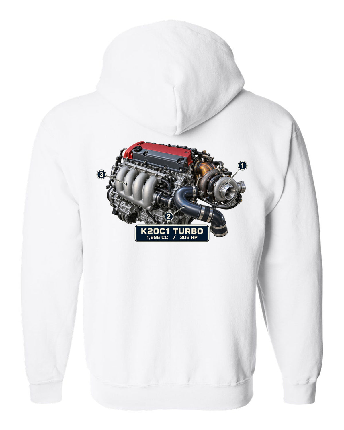 print engine illustration of the Honda Civic Type R FK8 K20C1 turbo engine white zip hoodie back view with the design