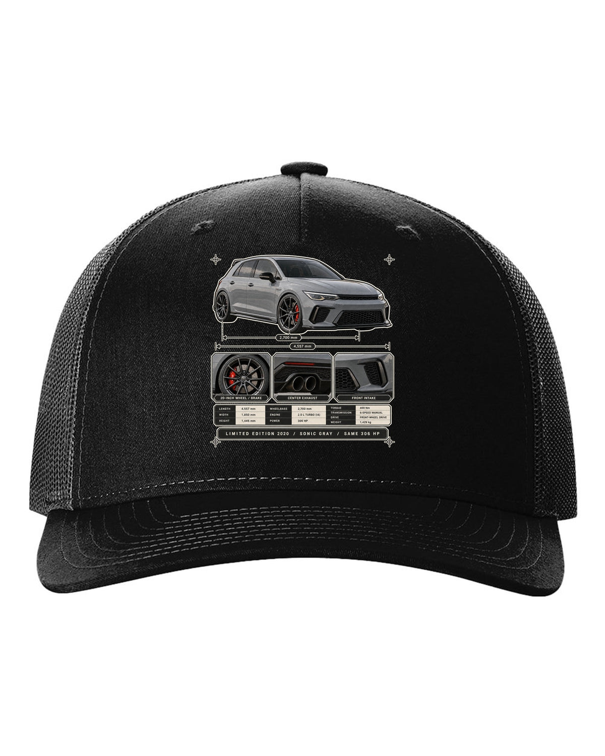 Dossier panel print of a Sonic Gray Pearl Honda Civic Type R FK8 Limited Edition black hat front view with the design