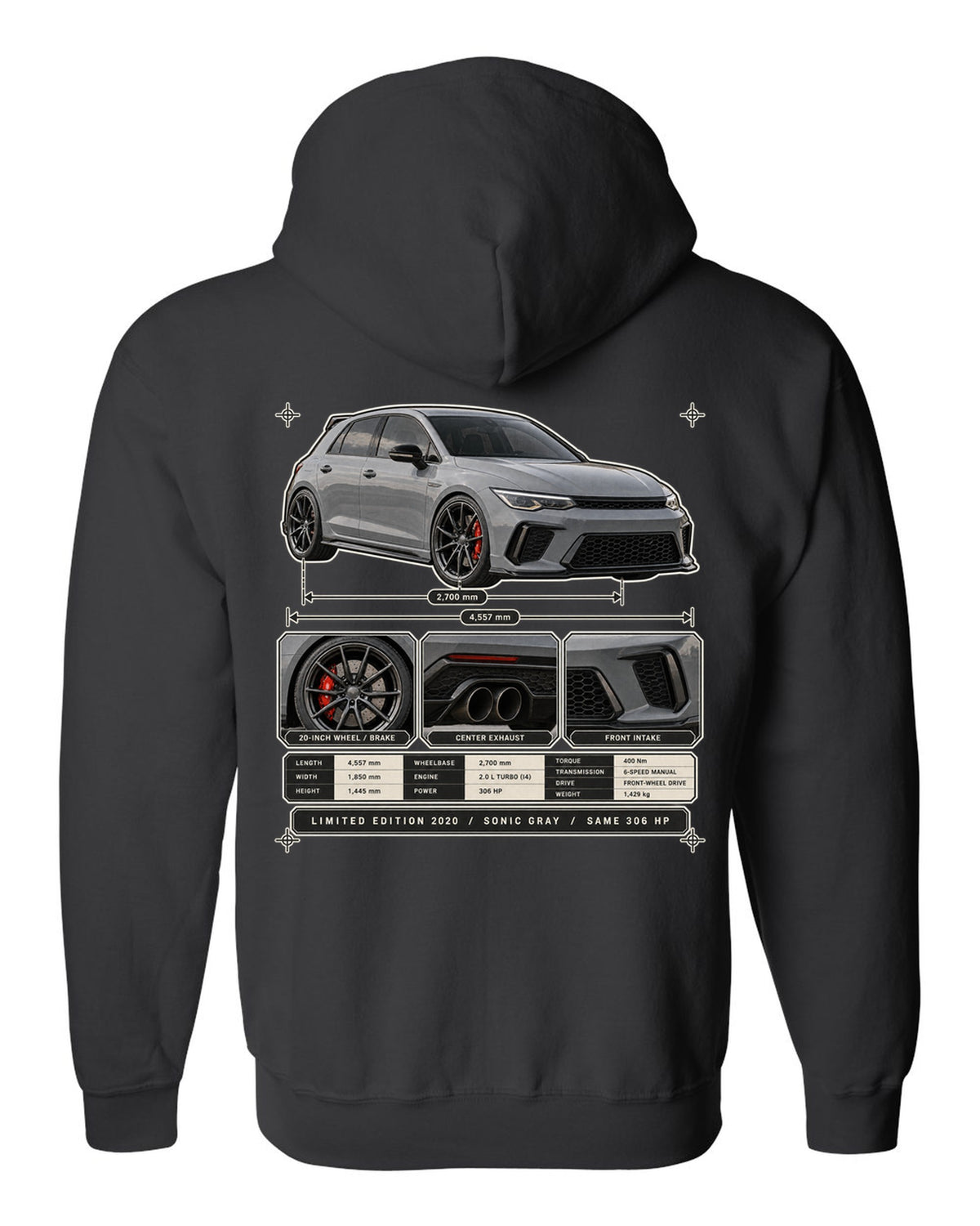 Dossier panel print of a Sonic Gray Pearl Honda Civic Type R FK8 Limited Edition black zip hoodie back view with the design