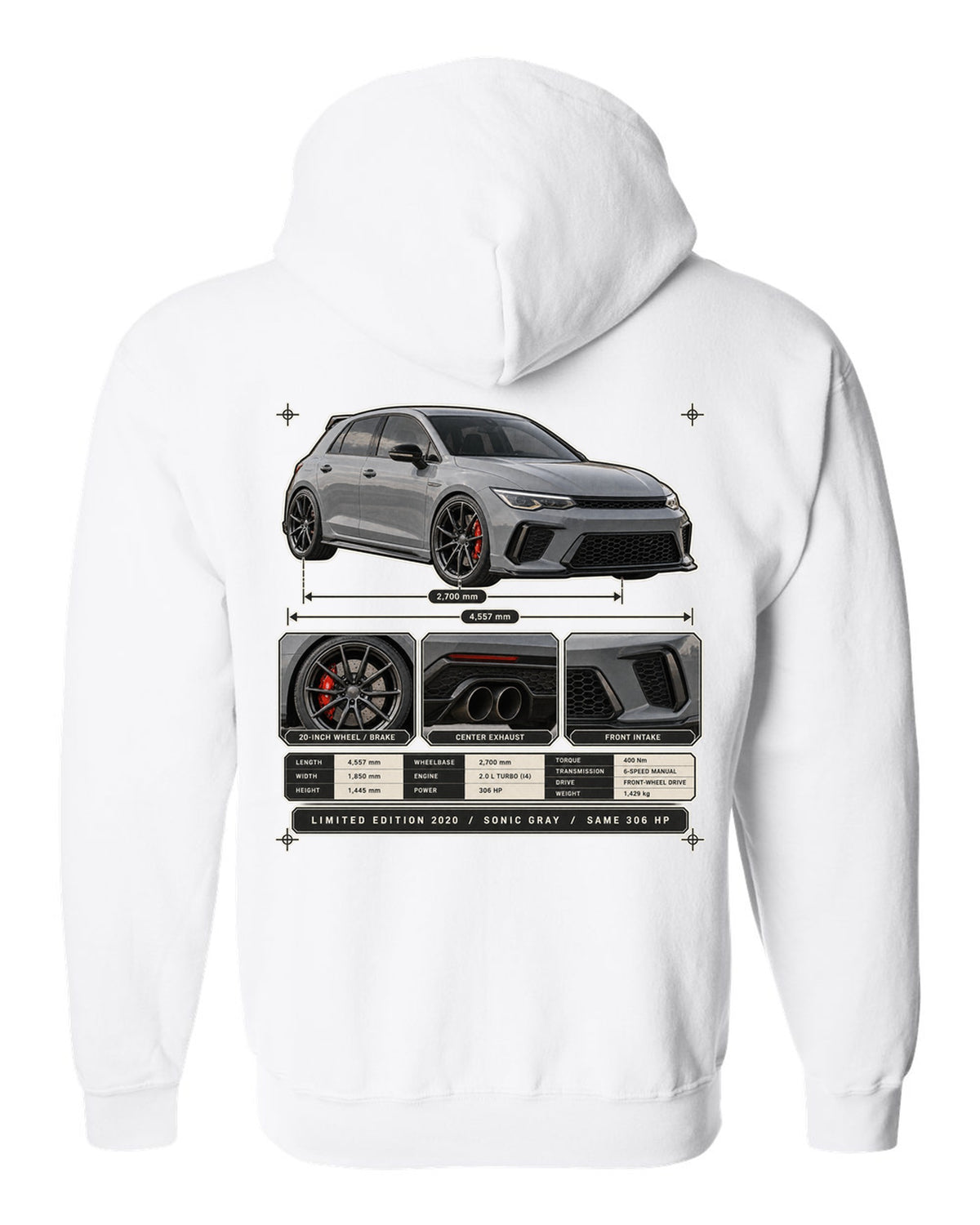 Dossier panel print of a Sonic Gray Pearl Honda Civic Type R FK8 Limited Edition white zip hoodie back view with the design