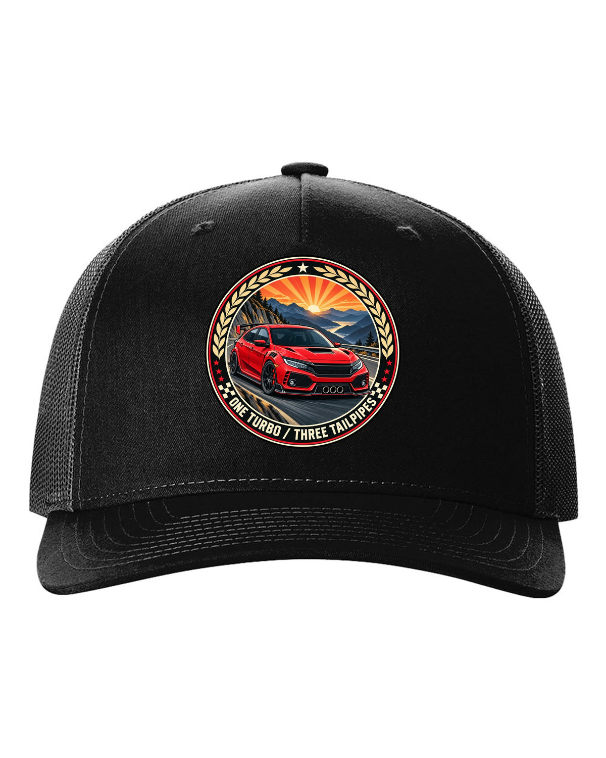 Original crest layout print for the Honda Civic Type R FK8 with one turbo three tailpipes text black hat front view with the design