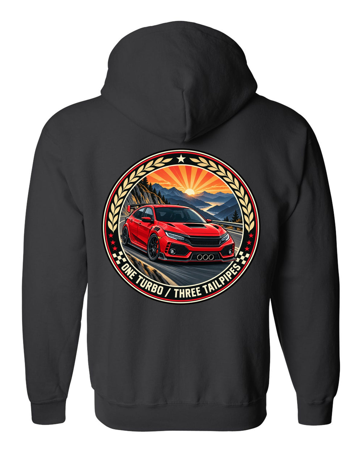 Original crest layout print for the Honda Civic Type R FK8 with one turbo three tailpipes text black zip hoodie back view with the design