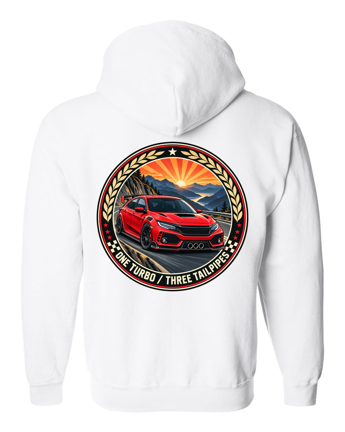 Original crest layout print for the Honda Civic Type R FK8 with one turbo three tailpipes text white zip hoodie back view with the design
